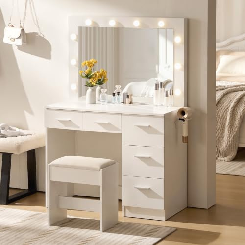 TUKAILAi Dressing Table with Charging Station, LED Lights & 5 Drawers | 2 UK outlets+2 USB ports, 3-colour dimmable LED, cushioned stool, hairdryer holder, large HD mirror, bedroom, dressing room