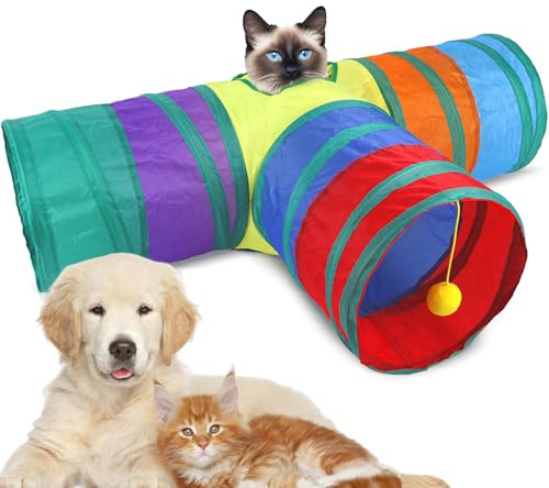 Guinea Pig Tunnel, Rabbit Cat Tunnels Collapsible 3 Way Bunny Tunnels Tube Hideout Small Animal Activity Hides for Indoor and Outdoor (Rainbow)