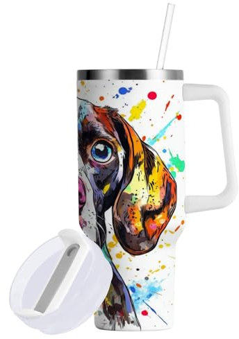 linqin Aesthetic Dog - Vaso aislado al vacío con tapa con pajilla, botella de agua de 30 onzas con asa, boca ancha, taza de café portátil para mujeres y hombres