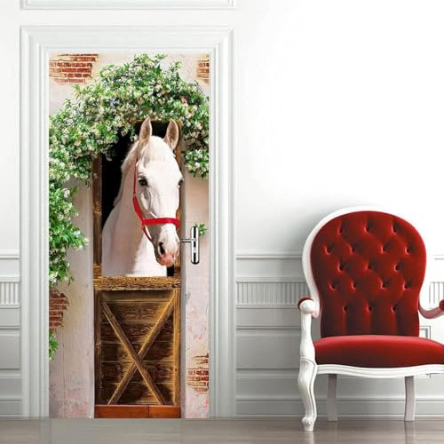 Türtapete Selbstklebend 80x210 Pferd Türfolie Gartenmauer Türaufkleber Fototapete 3D Effekt Türklebefolie Türposter für Innentür Schlafzimmer Bad Dekoration M2124