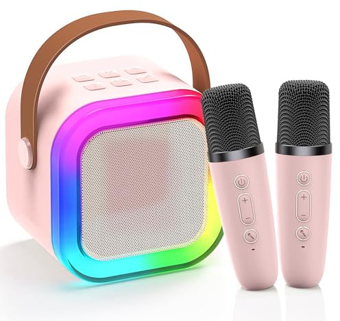 Mini Karaoke Maschine mit 2 Drahtlosen Mikrofonen, Karaoke Maschine Kinder, tragbarer Bluetooth-Lautsprecher mit Stimme Wechselnde Effekte & LED Lichter für Jungen Mädchen Geschenke Heimparty