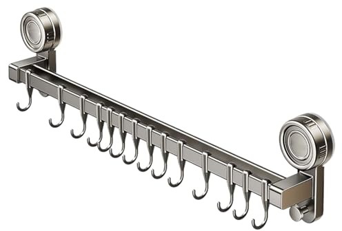 Raypontia Hakenleiste Küche Ohne Bohren Mit Saugnapf - Küche Saugnapf Halterung Aus Kohlenstoffstahl 70Cm Mit 14 Haken, Küchenhalterung Mit Saugnapf Ohne Bohren, Für Badezimmer Schlafzimmer,