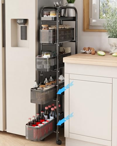 UMDONX Metal Kitchen Trolley with Pull out Drawer Basket Narrow 5 Tier | Vegetable Fruit Storage Rack, Utility Organiser Cart, Slim Shelving Unit, Universal Lockable Wheels, Black
