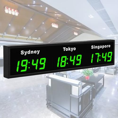 Nicvrea Orologio Mondiale, Orologio da Parete Digitale a LED con 3/4/5 Fusi Orari, Orologio da Parete per Interni con Fusi Orari, per Ufficio/Casa/Scuola,Green-3City