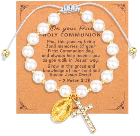 Mikovivi Bracelet Première Communion, Cadeau de Baptême Bracelet de Perles la Vierge Marie avec Breloque Croix Corde Réglable Bijou Confirmation Catholique pour Filleule Femme