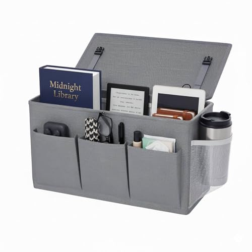Pomodee Organizador Colgante para Cama con 6 Bolsillos,Bolsa de Almacenaje para Mesita de Noche Barandillas–Soporte para Teléfono,Libros,Revista en Dormitorios Universitarios,Cama Hospital y Bebé,Gris
