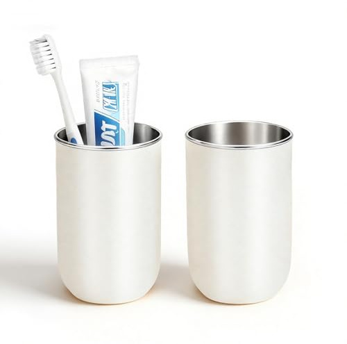 Oasiteege Stainless Steel Toothbrush Cup Holder 13oz, Unbreakable Reusable Kids Bathroom Tumbler Cup & Tooth Brush Holder Organizer for Shower, Countertop Toothpaste Storage Holder Set, White 2 Pack
