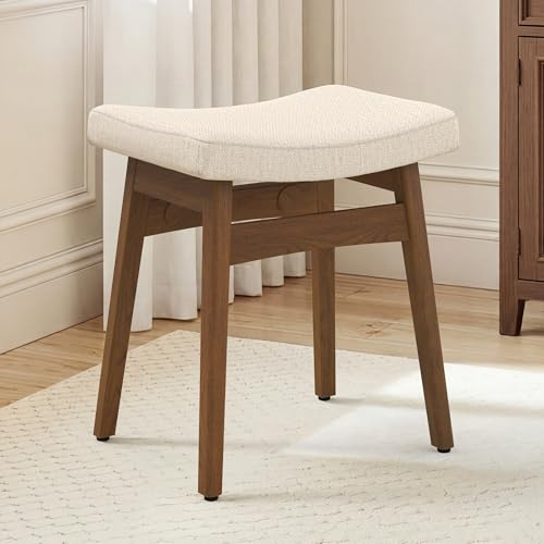 LUE BONA Schminktisch Hocker,Schminkhocker aus Leinen mit Beine aus Holz,Sattelförmiger Make-up Stuhl,Fußhocker stabil bis 136 kg für Schlafzimmer & Ankleidezimmer oder Flur,Beige-Leinen+Latte-Braun