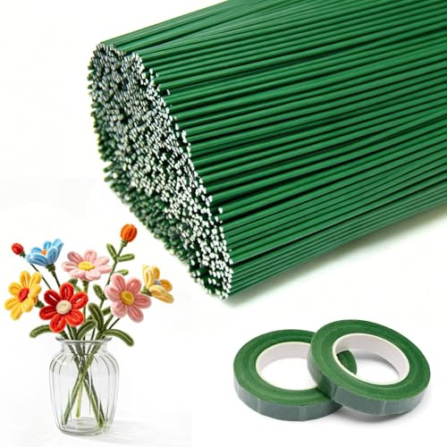 Forbabe 30CM Blumenstängel Draht 200 Stück Länge 2mm Durchmesser Grün | Blumenstieldraht Floristendraht mit 2 Stück Floristenband für Handwerkliche Basteln