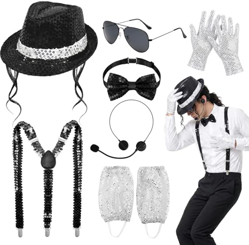 8Pcs MJ Costume Accessories, 80s Dancer Rocker Star Cosplay Set with Jazz Sequin Hat Gloves Socks Head Microphone Tie Sunglasses, King of Pop Fancy Dress Set for 80 Theme Party Carnival Dance Party
