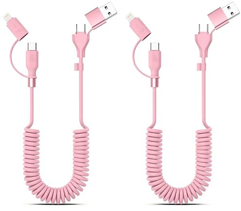 2-pack 4-i-1 spolad USB-laddningskabel, 60 W 3 A snabb laddningskabel för bil Carplay, USB C Lightning multiladdningskabel kompatibel med iPhone Samsung MacBook iPad, 4 ft Rosa