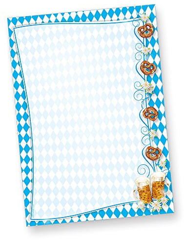 Briefpapier bayrisch 50 St. mit Rautenmuster Bayern | Bier und Brezeln für Einladung oder Speisekarten zum bayrischen Fest, einseitig bedruckt, Format DIN A4, 90 g/qm