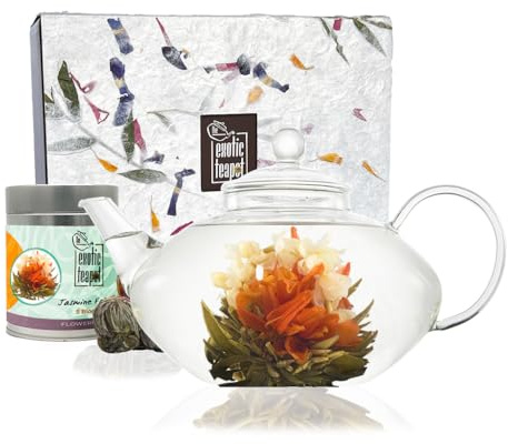 The Exotic Teapot - Prestige Flowering Tea Gift Set, Glass Teapot (800ml) with Infuser, Sampler Tin of 5 Blooming Jasmine Teas, Gift Box