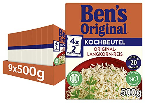BEN'S ORIGINAL™ Original-Langkorn-Reis 20-Minuten im Kochbeutel 9x500g | 9 Packungen, Original Langkorn Reis im Kochbeutel, Kochzeit 20 Minuten, Gelingt immer, Praktisch & portionierbar
