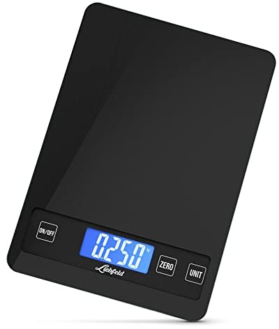﻿Liebfeld Küchenwaage Digital - Präzise Waage aus Edelstahl u. Glas mit großer Wiegefläche bis 15kg - Beleuchtetes Display - Digitale Haushaltswaage inkl. 2 AA Batterien - Küchen Zubehör ﻿