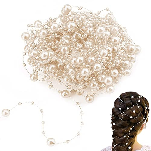 HERCHR Ghirlanda di Perle 10M, 10m Fili Ghirlanda di Perle Filo, Nastro di Perle, Bianco Filo con Perle per Capelli Sposa Fai da Te Matrimonio Nozze di Natale Decorazione della Festa Nuziale