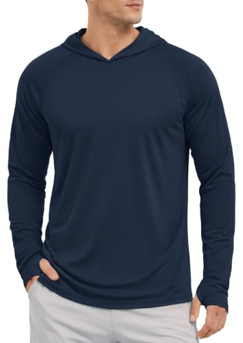 KEFITEVD Camiseta de manga larga para hombre con protección solar UPF 50+, con capucha, orificio para el pulgar, secado rápido, camiseta funcional con capucha para hombre, azul oscuro, M