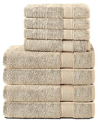 Komfortec 8er Handtuch Set aus 100% Baumwolle, 4 Badetücher 70x140 und 4 Handtücher 50x100 cm, Frottee, Weich, Towel, Groß, Sand/Beige