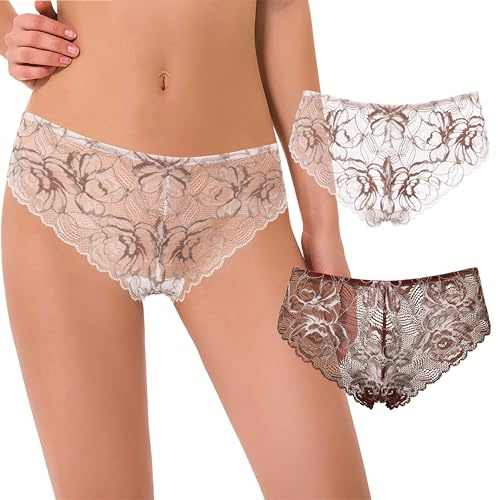 Curve Muse Donne Tanga Perizomi Hipster Biancheria Intima Pizzo Floreale Mutandine-Confezione da 2-Panna/Marrone,Marrone/Oro Rosa-XL