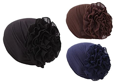 3 Stücke Hijab Kopftuch mit Blumen Damen Mütze Kopftuch Hair Bonnet bei Haarverlust Chemo Mütze Turban Muslimischer Hijab Moslem Islamische Kopfkappe, XFPH002, Schwarz/Blau/Braun, Einheitsgröße