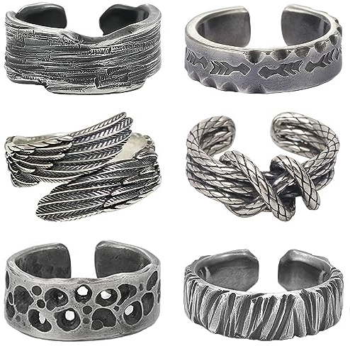 VELESAY 6Pcs Mens Vintage Open Rings for Men Angel Wings Adjustable Ring Verstellbar Männer Biker Ring Set