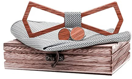 RQPYQF Ensemble de Noeud Papillon Bois, Noeud Papillon Homme Bois + Boutons de Manchette + Carré de Poche, Accessoires Homme pour Mariage Cadeau (Style#16)