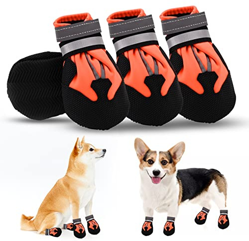 Dog Boots, Set of 4 Waterproof Dog Shoes with Reflective Straps Anti-Slip Sole Outdoor Paw Protectors Puppy Shoes for Small Medium Dogs Autumn Winter (Orange, M)