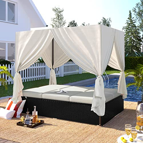 LUMISOL PE Rattan Outdoor Patio Wicker Sunbed Daybed with Adjustable Backrest, Outdoor Daybed with Canopy, Poolside