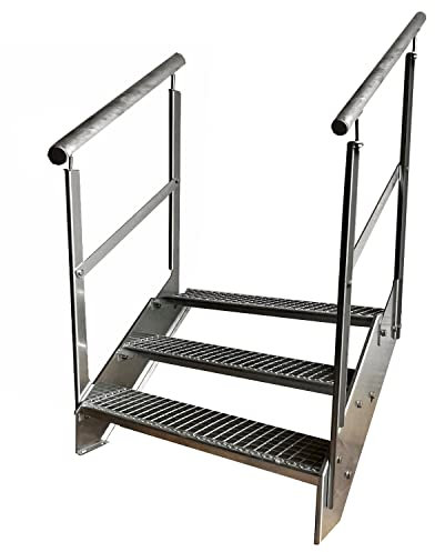 Premium Caillebotis acier Escalier à limon 3 Marches Entièrement galvanisé avec garde-corps des deux côtés - Dimensions (L x l x H) 63cm x 60cm x 57cm