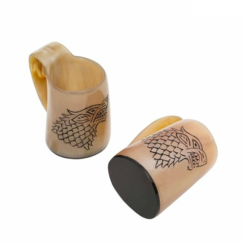 Mythrojan drinking horn mug Fenrir Wolf Design Tankard Mug Set of 2 for beer wine mead Stein with Handle Polished Finish, 3.2, 150-200ml