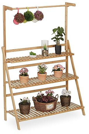 Relaxdays Scaffale Portafiori, Portavasi con 3 Ripiani e Barra di Sospensione, 145,5x100x38 cm bambù Pieghevole, Marrone