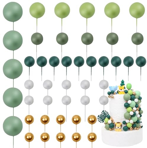 LARDUX 45 PCS Ball Cake Toppers -Cupcake Cake Decorations with Wild One Mini Balloon Cupcake DIY Insert for Girls Boys Kids Birthday Party Baby Shower - Green