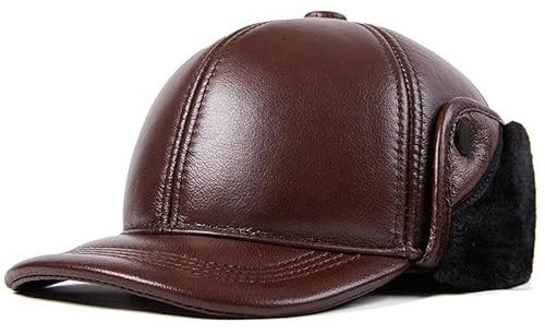 VKEID Herren Lederhut Winter verdickte Daunen in den älteren Menschen warme Baumwollkappe Entenzunge Baseballmütze Thunderbolt Hut Hüte für Männer (Color : Brown, Size : XL)