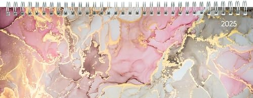 Zettler - Tisch-Querkalender 2025 Marmor, 29,7x10,5cm, Bürokalender mit 128 Seiten, 1 Woche auf 2 Seiten, Monatsübersicht, Notizbereich, Mondphasen, Ringbindung und deutsches Kalendarium