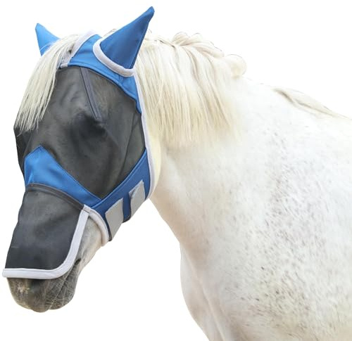 Gallopoff Fliegenmaske Pferd mit Nasen- & Ohrenschutz, UV-Schutz, Atmungsaktives Mesh, Reißfest, Weich Gepolstert, Verstellbar mit Klettverschluss Blau Full