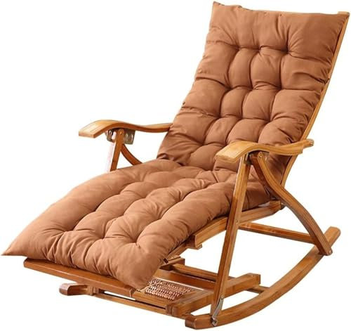 HAIYU-Wooden Rocking Lounger Chair Klappbarer Liegestuhl Garten/Balkon/Terrasse Freizeit Sonnenliege Älterer Siesta-Sessel mit Verstellbarer Rückenlehne, mit Matte,Braun,Lange Matte