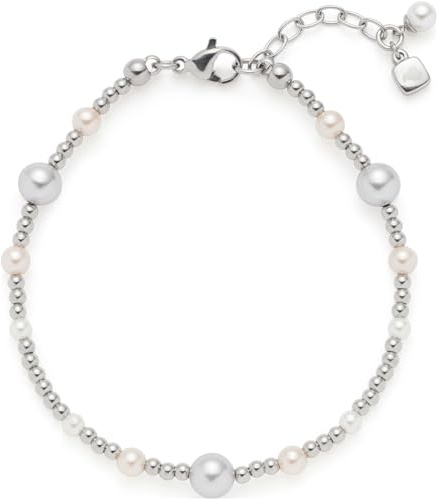 JEWELS BY LEONARDO Armband Elsana, Arm-Schmuck aus silberfarbenem Edelstahl, Imitationsperlen in Weiß, Creme und Hellgrau, 18-21 cm Länge, Schmuck Damen, 024334