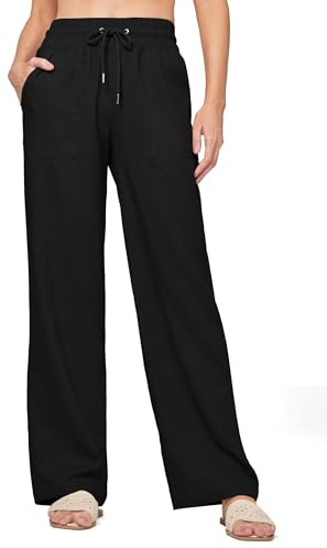 WILLIT Hose Damen Leinenhose Baumwolle Sommerhose Leinen Stoffhose Einfarbig Jogginghose Weites Bein Palazzo Hose Freizeithose Casual Strandhose mit Taschen 31 Schwarz XL