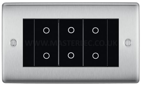 BG NBSTDM3B Brushed Steel 3 Gang Triple Master Touch Dimmer Switch Black Inserts