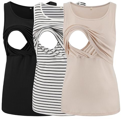 Ecavus Damen-Tank-Tops, gerippt, ärmellos, Mutterschaft, Still-Shirt, doppellagig, Schwangerschaftskleidung, 3er-Pack, Schwarz + Weiß Schwarz Streifen + Aprikose, Klein