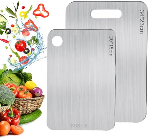 2 taglieri in titanio S316 in acciaio inox Titanium Cutting Board ard, tagliere double face in qualità alimentare, per carne, frutta, verdura (34 x 23 cm e 25 x 15 cm)