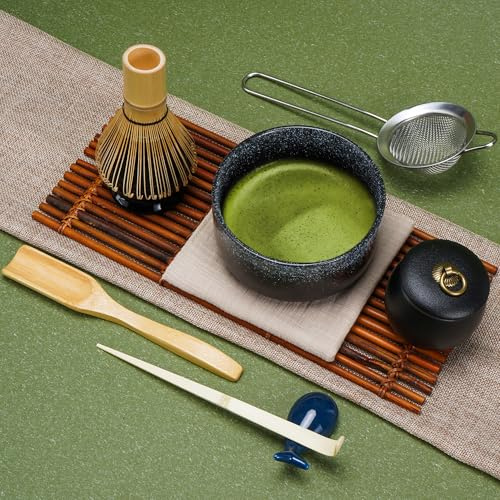 DiDiBirDi Matcha Tea Set 9 Pcs，Japanese Ceramic Bowl，Matcha Whisk (Chasen), Scoop (Chashaku), Stainless Steel Sifter，Whisk Holder,Tea Powder Caddy (Black)