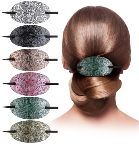 Ovale Haarspangen aus Kunstleder mit Holzstäbchen, Boho-/Vintage-Pferdeschwanz-Halter für Damen und Mädchen, 6 Stück
