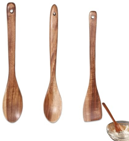 3 Stück Kochlöffel Holz Holzspatel Set, Holzkochlöffel Waschbar, 30cm Langer Griff Holzlöffel Hitzebeständiger Holz Kochlöffel zum Rühren in Der Küche, zum Kochen Im Restaurant