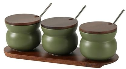 Tarros de especias de cerámica, soporte for 3 tarros de especias con cucharas y tapas, almacenamiento con tapa hermética, juego de coctelera vintage, azucarero for el hogar la cafetería(Green)