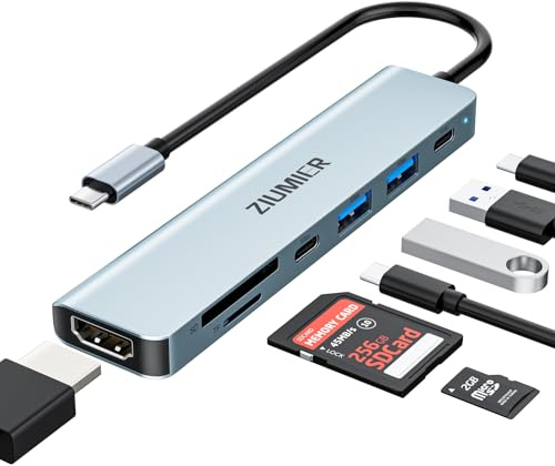 ZIUMIER USB C Hub,7 in 1 USB C to USB-A & HDMI & Card Reader Splitter | Support 4K@60HZ Display, 2×USB-A 3.1 5Gbps Data Ports,PD 100W Charging, SD Card Reader for MacBook Pro,Desktop