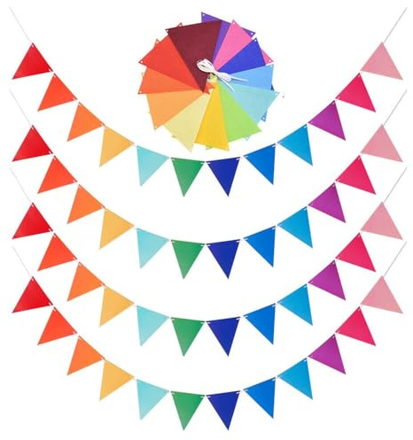 MUNZE 4 Stück Wimpelkette Outdoor, 16M 48 Flaggen Wimpelkette Wetterfest, Wimpel Girlande, Regenbogen Girlande Deko Für Hochzeit Geburtstag Kinderzimmer Party Garden Dekoration.