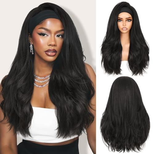 WIGNEE Yaki Curly pannband peruk syntetiskt lager kink rak halvperuk bär- och klar att använda självhäftande pannband peruk för svarta kvinnor (1B, 66 cm)