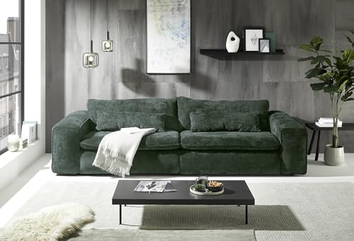 Big Sofa 300 cm breit, Modell Vince, Tiefe Sitzfläche, pflegeleichter Stoffbezug, Nosagfederung, Rücken echt bezogen, mittlere Sitzhärte, inkl. 2 Rückenkissen, 2 Nierenkissen, Moosgrün
