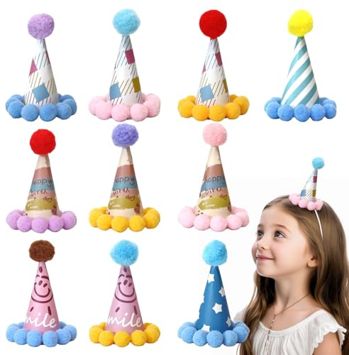 10 PCS Mini Felt Party Hats with Adjustable Headband 8x5cm / 3.15x1.97inch Pom Pom Top Small Party Hats for Kids Dolls Pets Reusable Birthday Hats for Dog Cat Parties Birthday Parties Daily Beauty (2)